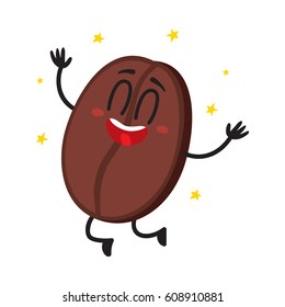 Cute, funny coffee bean character with human face jumping excitedly, cartoon vector illustration isolated on white background. Happy coffee bean character, mascot, design element