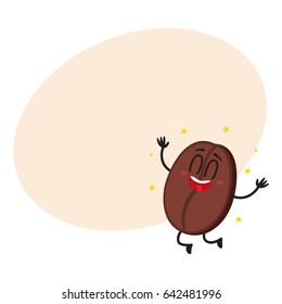 Cute, funny coffee bean character with human face jumping excitedly, cartoon vector illustration with space for text. Happy coffee bean character