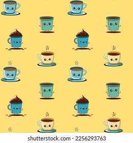 Cute Funny Coffee Cup Seamless Pattern Background Vector Illustration