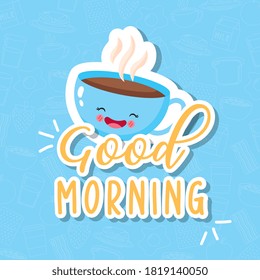 linda y divertida taza de café sonriendo. Caricatura del personaje kawaii. Aislado sobre fondo amarillo. ilustración vectorial