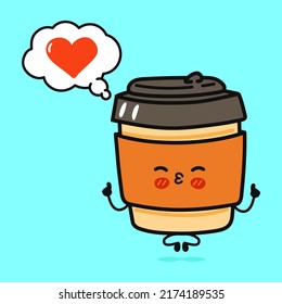 Cute funny coffee doing yoga with speech bubble. Vector hand drawn cartoon kawaii character illustration icon. Isolated on blue background. Happy coffee in love character concept