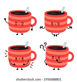 Cute funny coffee mug set collection. Vector hand drawn cartoon kawaii character illustration icon. Isolated on white background. Coffee or tea cup, mug character bundle concept