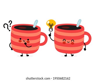 Cute funny coffee mugs with question marks and lightbulb, idea concept. Vector hand drawn cartoon kawaii character illustration icon. Isolated on white background. Coffee or tea cup, mug character concept