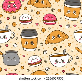 Cute funny coffee seamless pattern,wallpaper,background.Vector hand drawn doodle cartoon kawaii character illustration logo. Cute happy coffee cup,donut cartoon kawaii seamless pattern art concept
