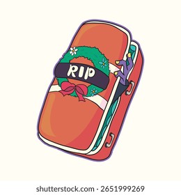 Cute funny coffin cartoon character with RIP sign and zombie hand coming out perfect for Halloween party invitations decorations apparel prints stickers and creative spooky celebration design projects