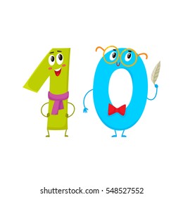 Cute and funny colorful 10 number characters, cartoon vector illustration isolated on white background. One and zero, ten smiling characters, birthday greetings, anniversary