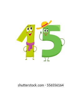 Cute and funny colorful 15 number characters, cartoon vector illustration isolated on white background. fifteen smiling characters, birthday greetings, anniversary