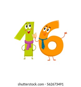 Cute and funny colorful 16 number characters, cartoon vector illustration isolated on white background. sixteen smiling characters, birthday greetings, anniversary