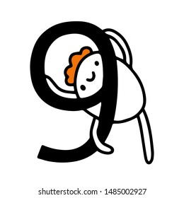 Cute and funny colorful 9 nine number cartoon vector illustration man birthday greetings