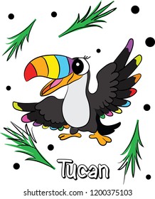 Cute, funny colorful bird tucan has big eyes with sketch of plants illustration. emoji, cartoon character, sketch vector