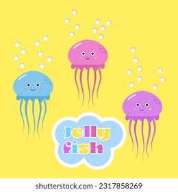 Cute funny colorful cartoon jellyfishes on yellow background.