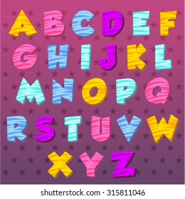 Cute funny colorful childish alphabet. Vector font illustration