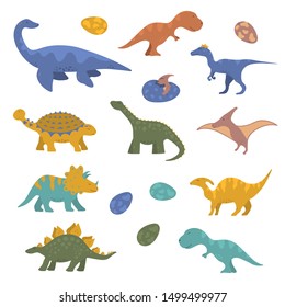 Cute funny colorful dinosaur collection for kids. Vector isolated dino stickers for prints.