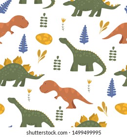 Cute funny colorful dinosaur seamless pattern for kids textile with rex. Vector isolated floral dino background for wallpaper or boy t-shirt.