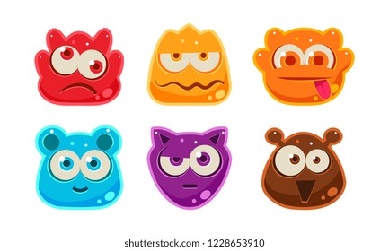 Cute funny colorful jelly animal faces set, user interface assets for mobile apps or video games vector Illustration on a white background