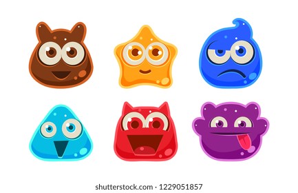 Cute funny colorful jelly monsters set, user interface assets for mobile apps or video games vector Illustration on a white background