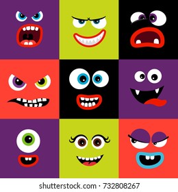 Cute and funny colorful monster faces set in square shape, vector illustration