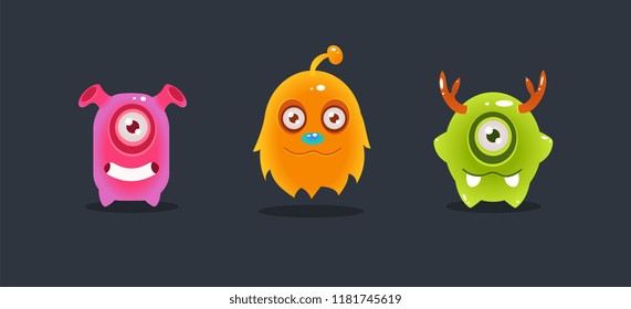 Cute funny colorful monsters, funny aliens, game user interface element for video computer games vector Illustration