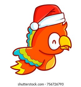 Cute and funny colorful parrot wearing Santa's hat and smiling - vector.
