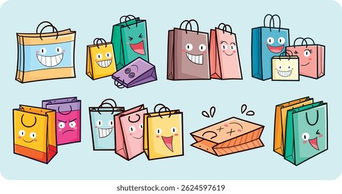 Cute and funny colorful shopping bag cartoon character illustration set