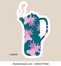 Cute funny colorful teapot with elks and christmas trees for stickers, labels, eco bags and garment.