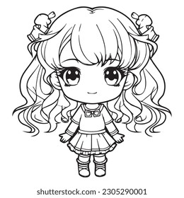 Cute and funny coloring page outline of Chibi girl coloring book page for kids. Kawaii Happy Girl Ask for Attention Chibi Illustration.