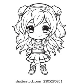 Cute and funny coloring page outline of Chibi girl coloring book page for kids. Kawaii Happy Girl Ask for Attention Chibi Illustration.