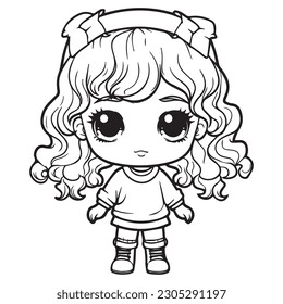 Cute and funny coloring page outline of Chibi girl coloring book page for kids. Kawaii Happy Girl Ask for Attention Chibi Illustration.