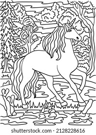 A cute and funny coloring page of a unicorn walking in the forest. Provides hours of coloring fun for adults.
