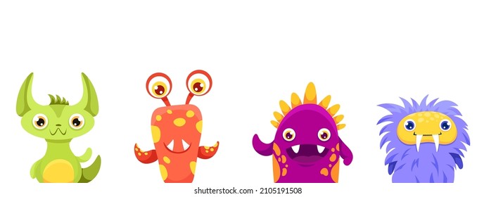 Cute funny colourful monsters avatars of head faces icon set line for halloween banner with space for text. Vector cartoon illustration
