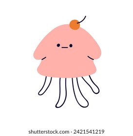 Cute funny comic character. Abstract whimsical jellyfish, fluid shape. Fancy fantasy creature, shy face expression, straight emotion. Flat cartoon vector illustration isolated on white background