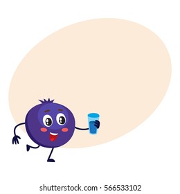 Cute and funny comic style blueberry character holding glass of water, milk, juice, cartoon vector on background with place for text. Ripe blueberry character, mascot with big eyes