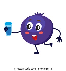 Cute and funny comic style blueberry character holding glass of water, milk, juice, cartoon vector illustration isolated on white background.