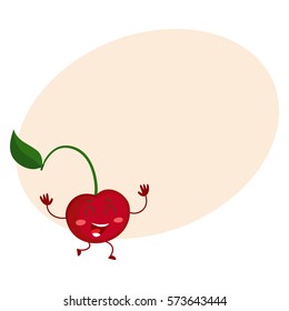 Cute and funny comic style cherry character running with hands up, cartoon vector illustration on background with place for text. Red and ripe cherry berry character, mascot with big eyes