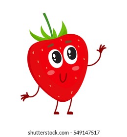 Cute and funny comic style garden strawberry character looking up, cartoon vector illustration isolated on white background. Red and ripe strawberry character, mascot with big eyes