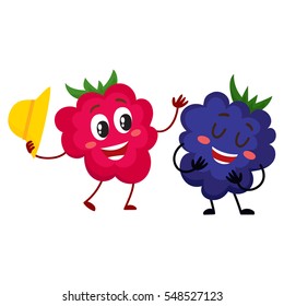 Cute and funny comic style raspberry and blackberry characters, cartoon vector illustration isolated on white background. Red and ripe raspberry character, mascot greeting blackberry with hat off