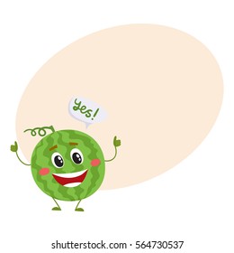 Cute and funny comic style watermelon character giving thumbs up, cartoon vector on background with place for text. Whole watermelon character, mascot smiling happily and giving thumbs up