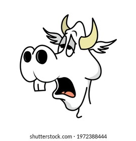 Cute funny complaining tired cow character head, face. Isolated on white background. Cartoon style vector illustration.