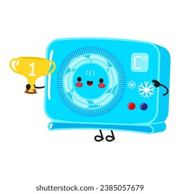 Cute funny Conditioning hold gold trophy cup. Vector hand drawn cartoon kawaii character illustration icon. Isolated on white background. Conditioning with winner trophy cup