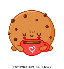 Cute funny cookie with chocolate chips drink coffee. Vector flat line cartoon kawaii character illustration icon. Isolated on white background. Homemade cookie  character concept