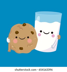 Cute and funny cookie and milk. Flat icon. Vector illustration