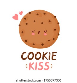 Cute funny cookie. Vector cartoon character hand drawing style illustration. Isolated on white background. Cookie kiss card