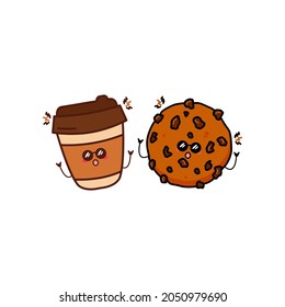 Cute funny cookies and coffee expression character. Vector hand drawn cartoon mascot character illustration icon. Isolated on white background. food character concept