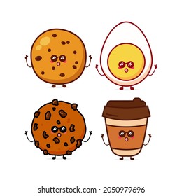 Cute funny cookies,egg,coffee expression character. Vector hand drawn cartoon mascot character illustration icon. Isolated on white background. food character concept