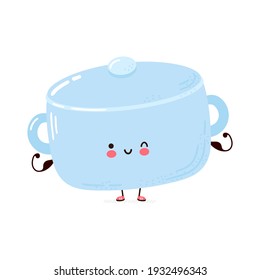 Cute funny Cooking pot show muscle. Vector hand drawn cartoon kawaii character illustration icon. Isolated on white background. Cooking pot fitness concept