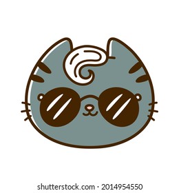 Cute funny cool little baby cat face with sunglasses. Vector hand drawn cartoon kawaii character illustration icon. Isolated on white background. Pet, kitty, cat icon concept