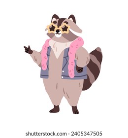 Cute funny cool raccoon in sunglasses. Comic fashion sassy animal character in star sunglasses. Cheeky funky mammal, macho racoon. Childish flat vector illustration isolated on white background