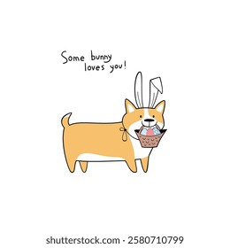 Cute funny corgi with a basket of eggs. Vector hand drawn illustration for easter.