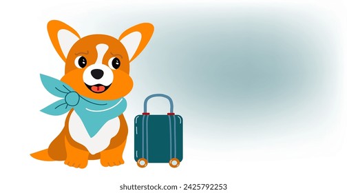 A cute funny corgi puppy is sitting next to a suitcase. Vector illustration in cardboard style for banners, flyers, Web design, Landing pages. The concept of traveling with animals.