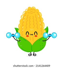 Cute funny corn character dumbbells. Vector hand drawn cartoon kawaii character illustration icon. Isolated white background. Corn character gym,emoji,child,face,adorable,kids,cartoon, adorable,cartoo